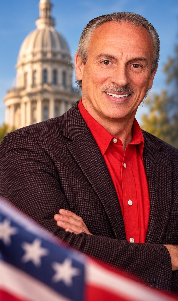 Anthony Airdo wearing a red shirt and dark blazer